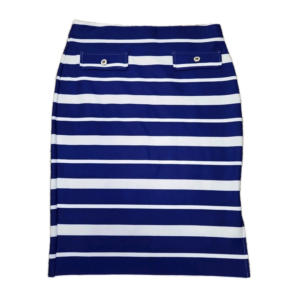 Blue White Striped Pencil Skirt M Nautical Stretch Midi